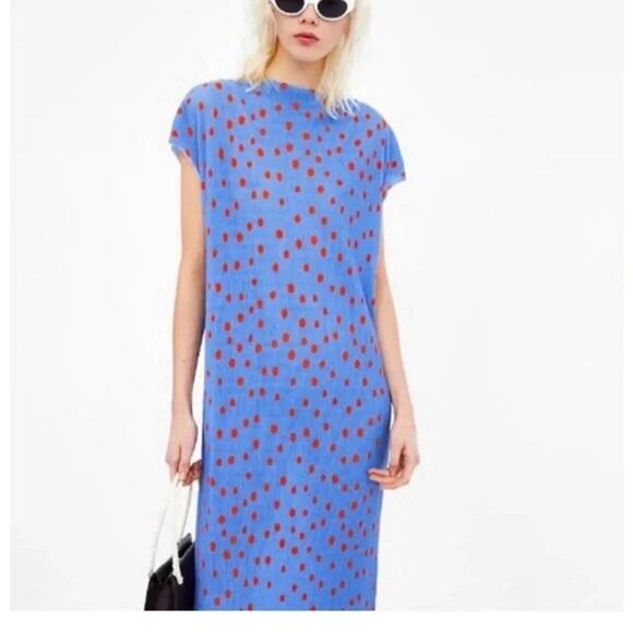 Zara Trafaluc Dress Women's Medium Blue/Red Polka Dots Cap Sleeve Pleated Midi - Picture 1 of 7
